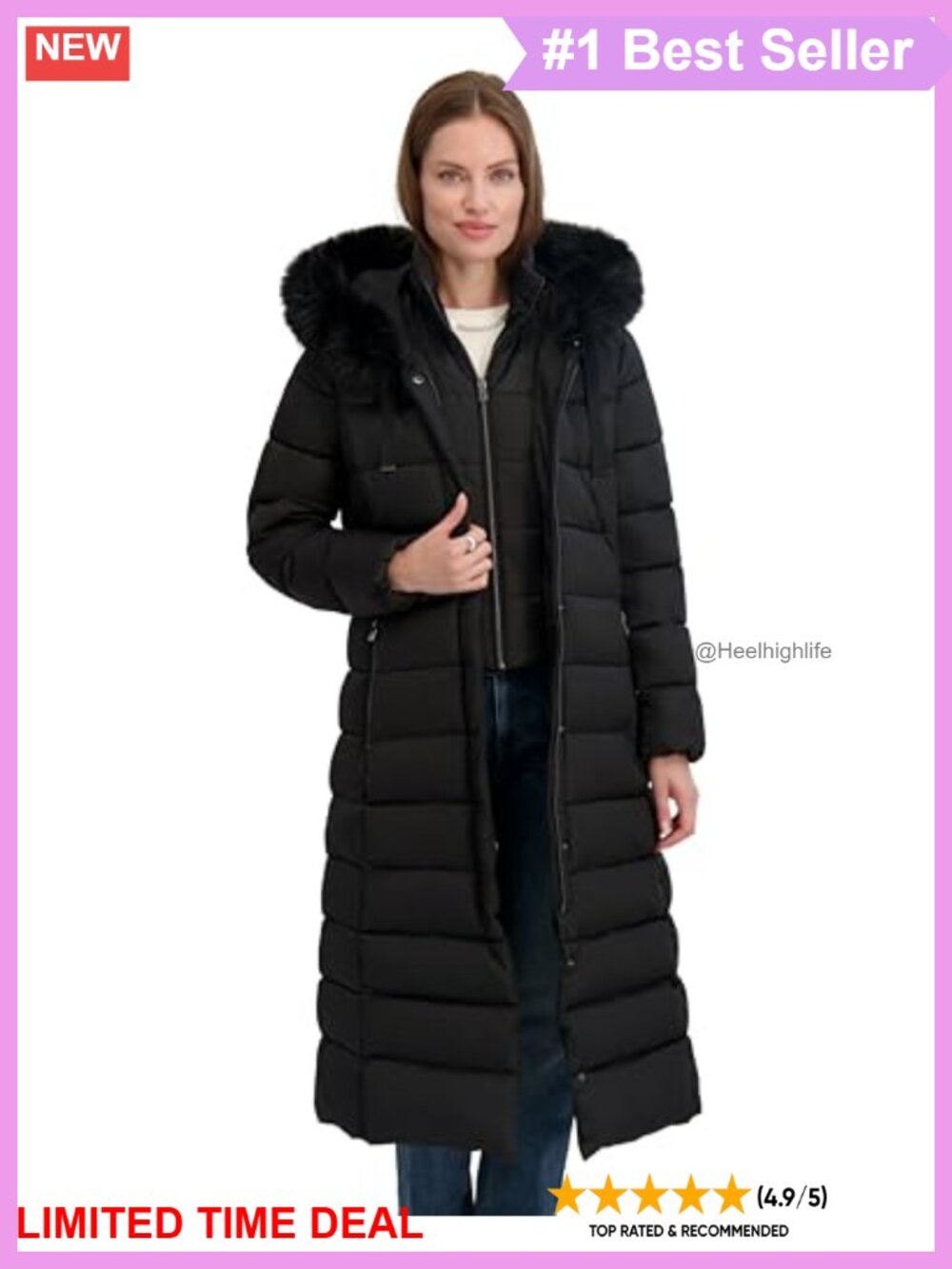 Quilted Maxi Puffer Coat with Faux Fur Hood Trim & Bib Insert
